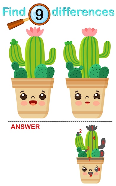 Jeu logique pour l'éducation des enfants Trouvez les différences dans l'image Cactus kawaii mignon en pot de fleur