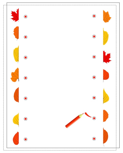 Un jeu logique pour les enfants trouve les moitiés droites du vecteur de feuilles d'automne isolé sur fond blanc