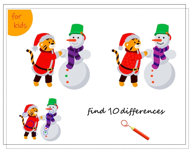 Un Jeu De Logique Pour Les Enfants Trouvez Les Différences Un Tigre Dans Un Costume De Père Noël Fait Un Bonhomme De Neige Nouvel An