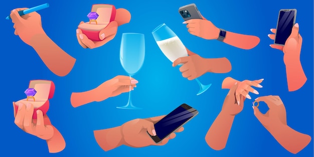 Vecteur jeu de mains en style cartoon. main avec un téléphone, une main avec une bague, une main avec un verre, une main wr