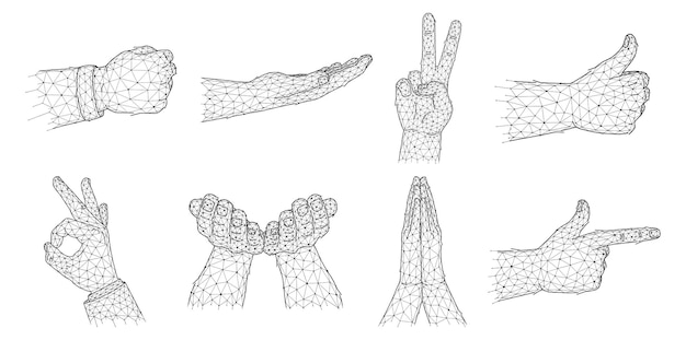 Vecteur jeu de mains vectorielles montrant des gestes dans un style polygonal.