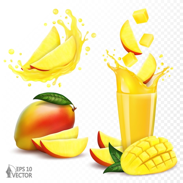 Vecteur jeu de mangues mûres fraîches éclaboussure de jus de fruits dans un verre illustration vectorielle réaliste 3d de fruits naturels