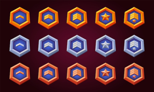 Le jeu met en place des insignes de récompense de niveau Vector plat symbole doré pour le progrès et l'évolution Récompense de rang