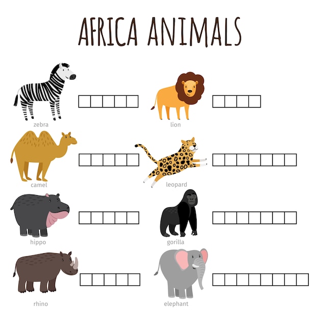 Jeu De Mots Pour Les Enfants Comment Nommé L'illustration Des Animaux Africains
