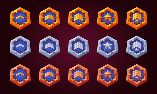 Jeu de niveau supérieur médaille rang badges set vecteur plat emblème doré pour la progression et la récompense