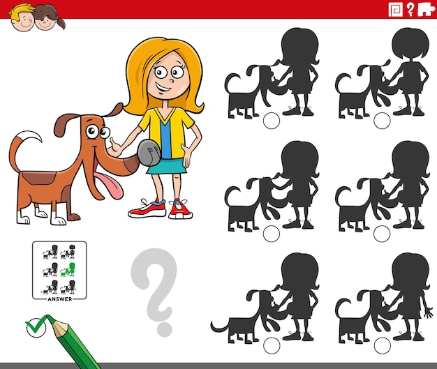 Vecteur jeu d'ombre avec une fille de dessin animé et son chien de compagnie