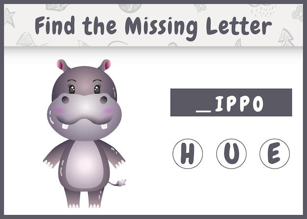 Un jeu d'orthographe éducatif pour les enfants trouve une lettre manquante avec un joli hippopotame
