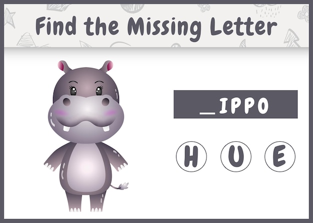 Un Jeu D'orthographe éducatif Pour Les Enfants Trouve Une Lettre Manquante Avec Un Joli Hippopotame