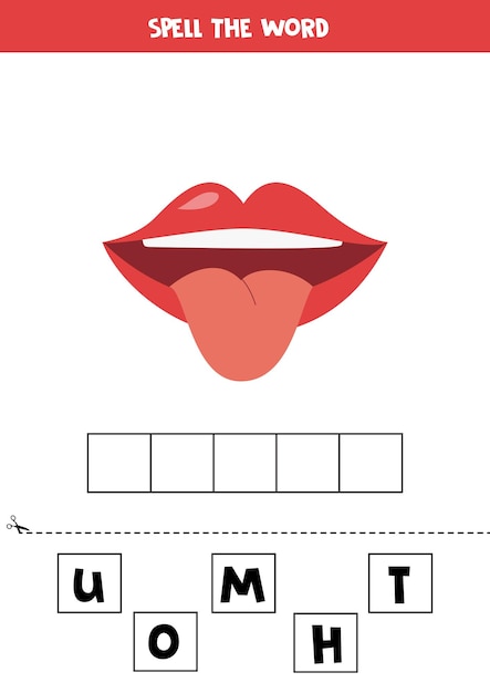 Jeu d'orthographe pour les enfants d'âge préscolaire Bouche de dessin animé mignon