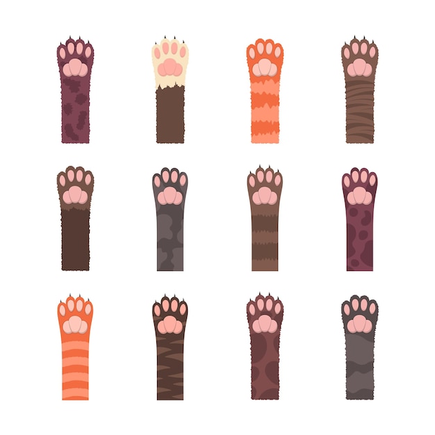 Vecteur jeu de pattes de chats multicolores moelleux. modèle sans couture, pattes de chat multicolores isolés.