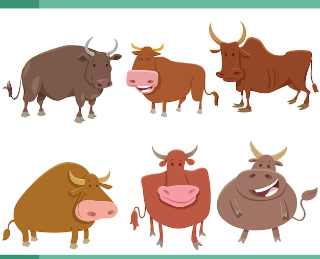Vecteur jeu de personnages d'animaux de ferme de taureaux heureux de dessin animé