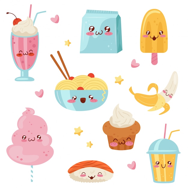 Jeu De Personnages De Dessin Animé Mignon Kawaii Food, Desserts, Bonbons, Sushis, Restauration Rapide Illustration Sur Fond Blanc