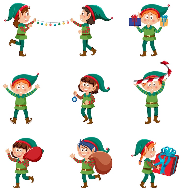 Vecteur jeu de personnages de dessins animés de lutins de noël