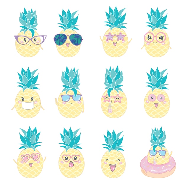 Vecteur jeu de personnages mignons ananas