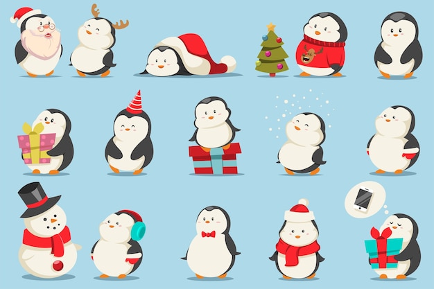 Jeu De Pingouins De Noël Mignon. Personnage De Dessin Animé D'animaux Drôles En Costumes Et Avec Des Cadeaux.