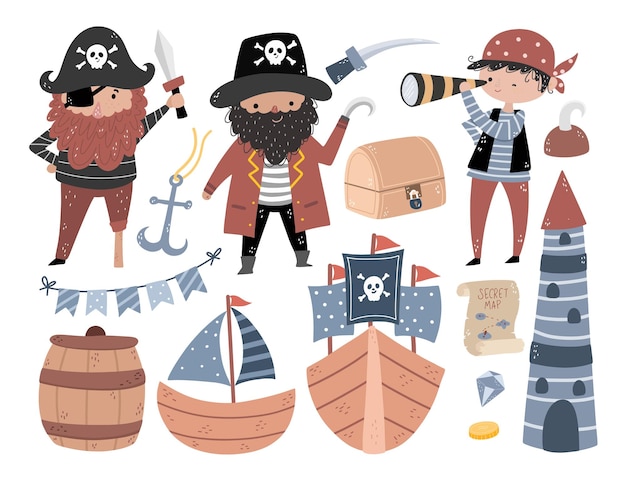 Vecteur le jeu de pirates doodle clipart