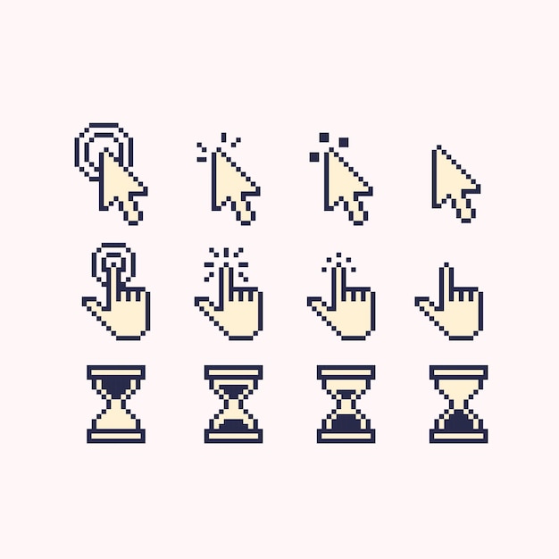 Jeu de pixel art flèche, main et sablier. Collection de curseurs. Pointeur de la souris. lutin 8 bits.