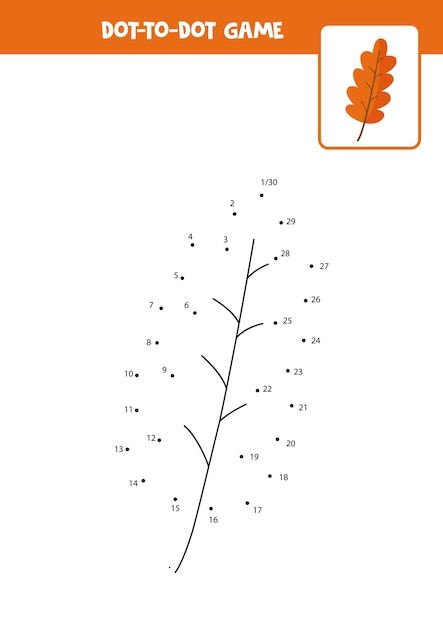 Jeu de point à point avec feuille d'automne de dessin animé. Relier les points. Jeu de mathématiques. Image de points et couleur.