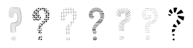 Vecteur jeu de points d'interrogation dessiné à la main dans un style doodle symbole de question pour le concept de quiz et d'examen de conception