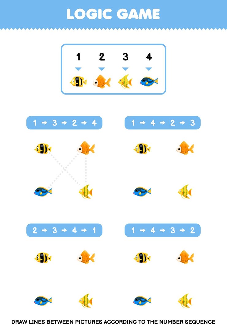 Vecteur jeu pour enfants dessiner des lignes selon les séquences de nombres de feuille d'exercice de poisson mignon animal de compagnie