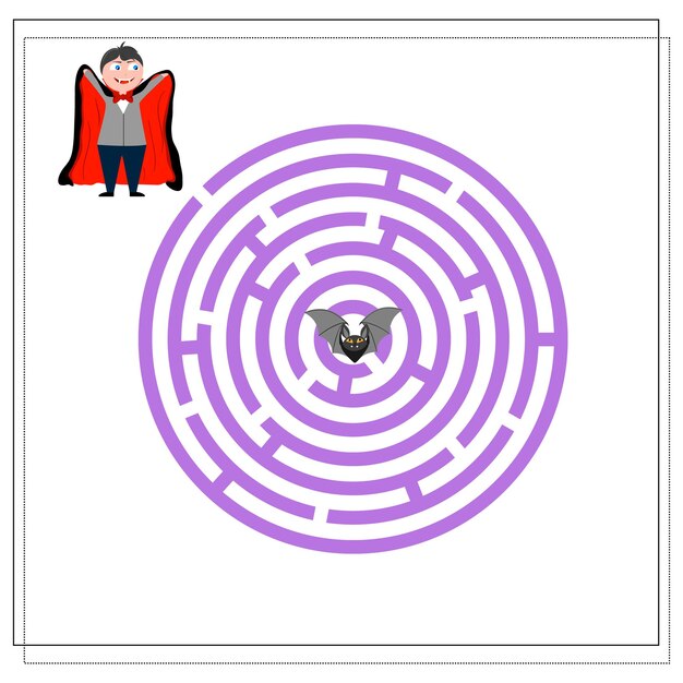 Vecteur jeu pour les enfants passer par le labyrinthe rond dracula et la chauve-souris halloween