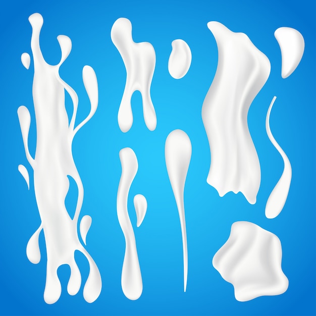 Vecteur jeu de projections de lait. produits laitiers naturels liquides réalistes sous diverses formes, tourbillons de yaourt à boisson biologique ou vagues crémeuses et gouttes blanches isolés sur fond bleu