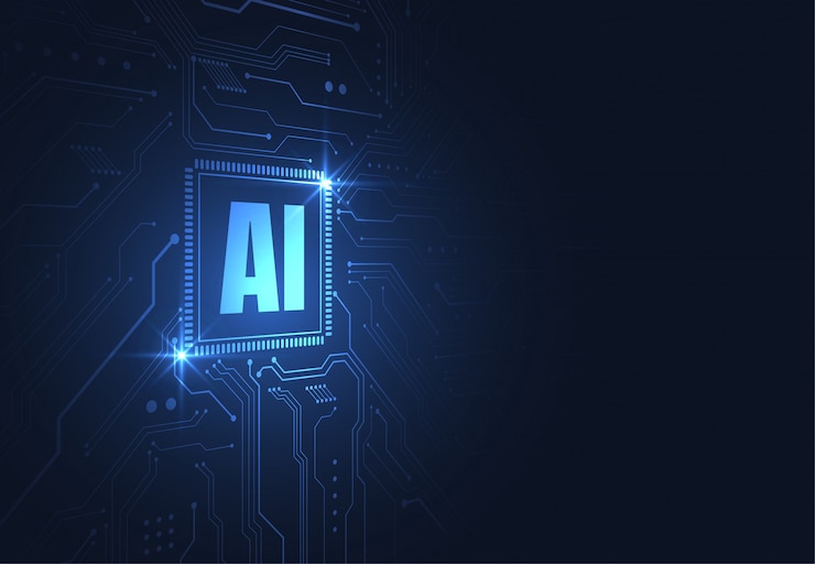 Vecteur jeu de puces d'intelligence artificielle sur circuit imprimé dans un concept futuriste