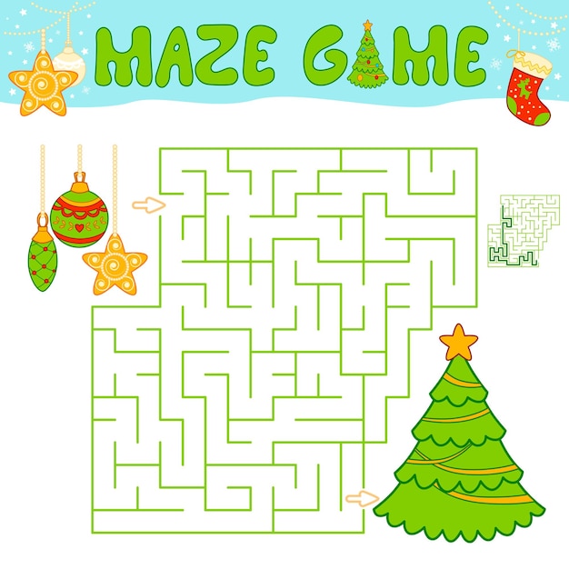 Jeu De Puzzle De Labyrinthe De Noël Pour Les Enfants. Jeu De Labyrinthe Ou Labyrinthe Avec Sapin De Noël Et Décorations.