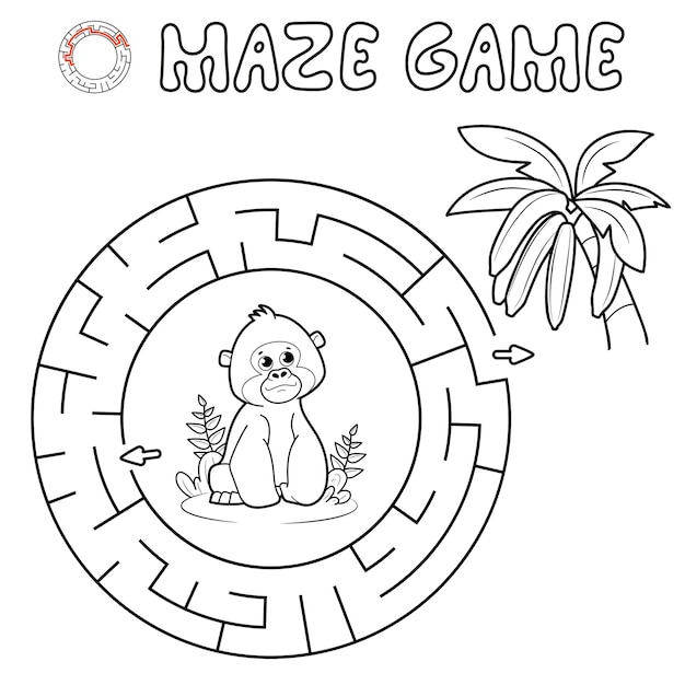 Jeu De Puzzle Labyrinthe Pour Les Enfants. Contour De Labyrinthe En Cercle Ou Jeu De Labyrinthe Avec Gorille. Singe Et Bananes