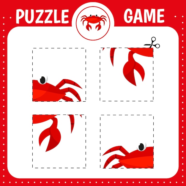 Jeu De Puzzle Pour Les Enfants Crabe De Dessin Animé Entraînement à La Coupe Feuille De Travail Pour Le Développement De L'éducation Page D'activité