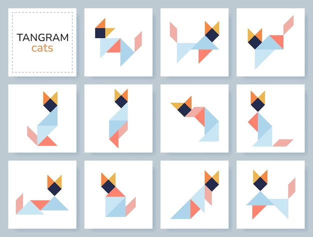 Jeu de puzzle Tangram pour enfants Collection géométrique colorée avec des chats isolés dans diverses poses