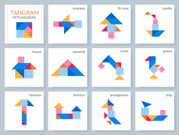 Jeu de puzzle Tangram pour enfants Collection géométrique colorée avec des objets isolés Pythagore