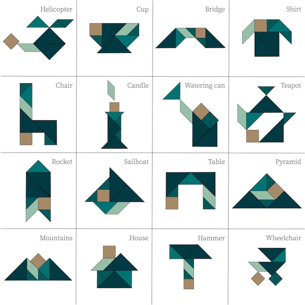 Jeu de puzzle Tangram Schémas avec différents objets