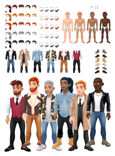 Vecteur jeu de robes et coiffures avec des avatars masculins