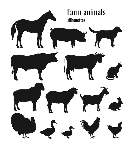 Vecteur jeu de silhouettes d'animaux de ferme