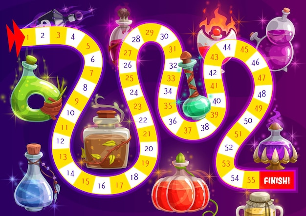 Vecteur jeu de société de chemin, puzzle ou labyrinthe avec potion magique