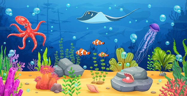 Jeu sous-marin paysage de dessin animé avec navire coulé