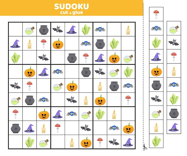 Vecteur jeu de sudoku d'halloween avec neuf images de dessins animés pour les enfants sudoku d'halloween couper et coller