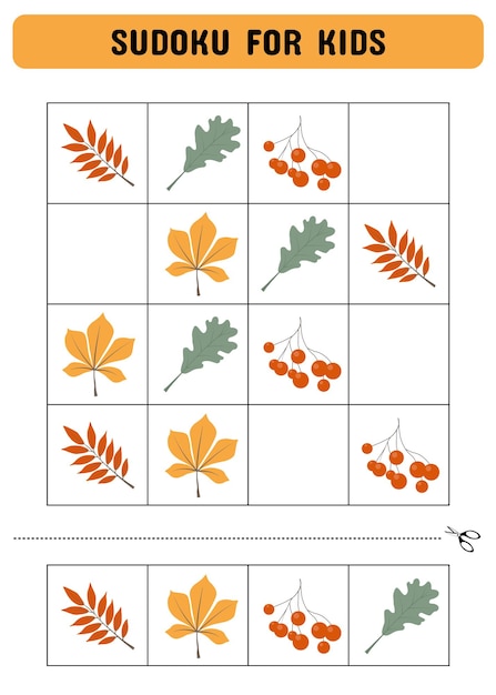 Jeu de Sudoku pour enfants avec des feuilles d'automne Feuille d'activité pour enfants Jeu éducatifWeb