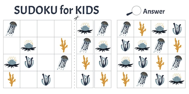 Jeu De Sudoku Pour Les Enfants Avec Des Images D'animaux Marins Fiche D'activité Pour Enfants Style De Dessin Animé D'illustration Vectorielle