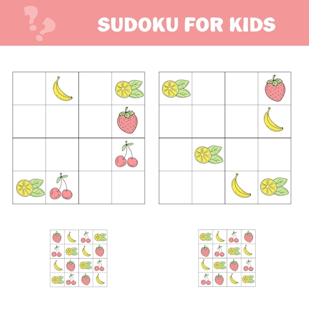 Jeu de Sudoku pour les enfants avec des images Feuille d'activité pour enfants Fruits de dessin animé