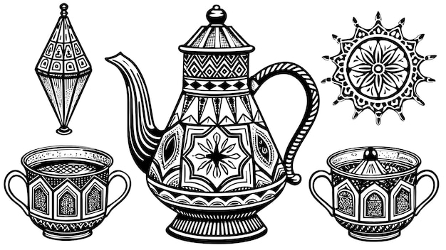 jeu de thé marocain illustration graphique vectorielle format de fichier source EPS conception d'icône de mise à l'échelle sans perte