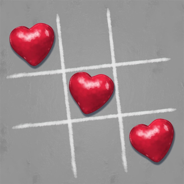 Jeu de tic tac toe avec croix et trois signes de coeur rouge carte d'amour
