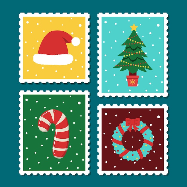 Vecteur jeu de timbres-poste de noël illustration de dessin animé de vecteur dans le modèle de cachet de la poste