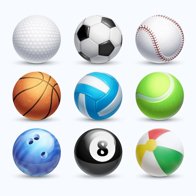 Jeu de vecteur de balles de sport réaliste. Ballon de couleur et basket pour illustration de jeux