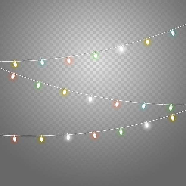 Jeu de vecteurs de guirlande d'éclairage de couleur différente isolé sur fond transparent. Collection de vecteurs de lumières de Noël. Ensemble de vecteurs de lampes incandescentes