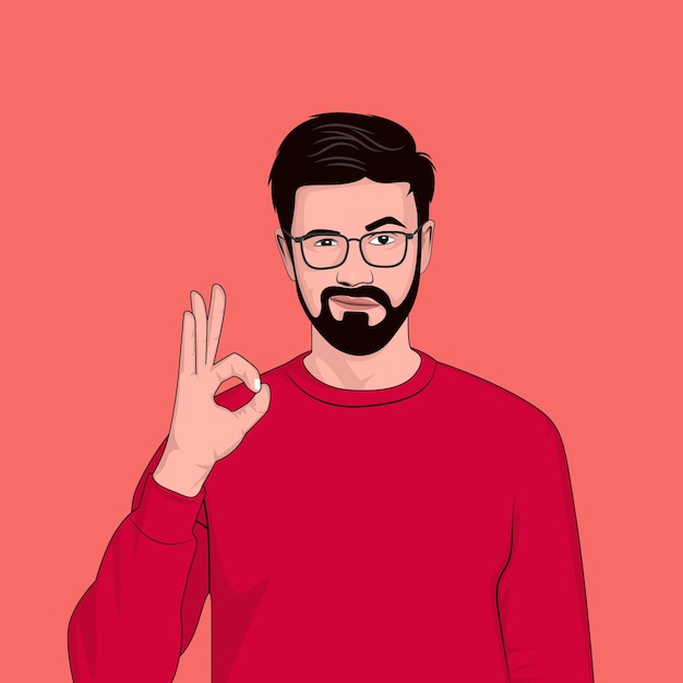 Jeune Bel Homme Barbe Avec Illustration Vectorielle De Verre Et Tshirt Rouge Dessin Animé Plat