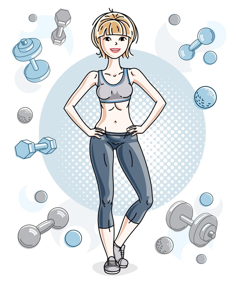 Vecteur jeune belle blonde femme mince adulte debout sur fond simple avec des haltères et des haltères. illustration vectorielle de gentille dame. thème d'entraînement et d'entraînement.