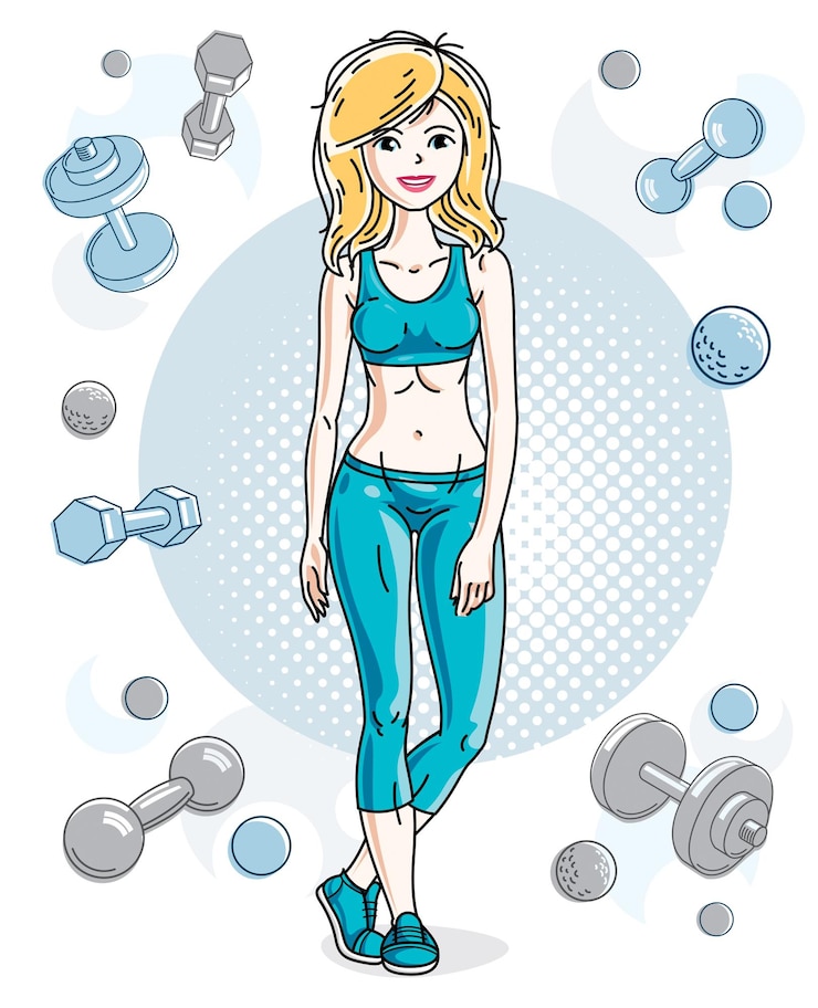 Vecteur jeune belle blonde femme mince adulte debout sur fond simple avec des haltères et des haltères. illustration vectorielle de gentille dame. thème d'entraînement et d'entraînement.