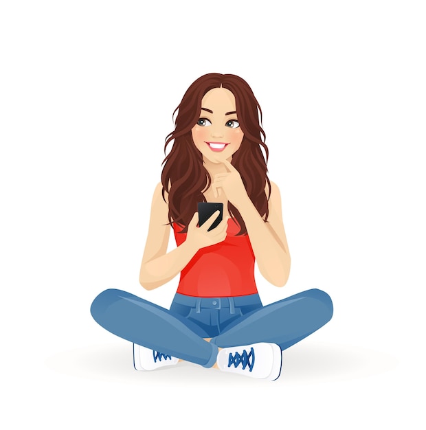 Jeune belle femme utilisant un téléphone portable assise avec les jambes croisées pensant ou choisissant isolée